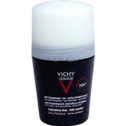 Schwarze Deoroller-Flasche mit weißem Deckel und der Aufschrift "Vichy Homme 72H".
